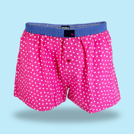 Unabux Boxershorts PINK HEARTS, pinke Shorts mit weissen Herzen und blauem Bund