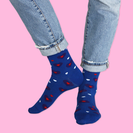 Unabux sock - MY LOVE, dark blue with red hearts