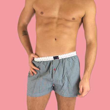 Unabux Boxershorts DAVID, dunkleblau weisses Vichy Karo mit hellblauem Bund