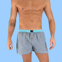 Unabux boxer shorts DAVID, darkblue white vichy check with lightblue seam